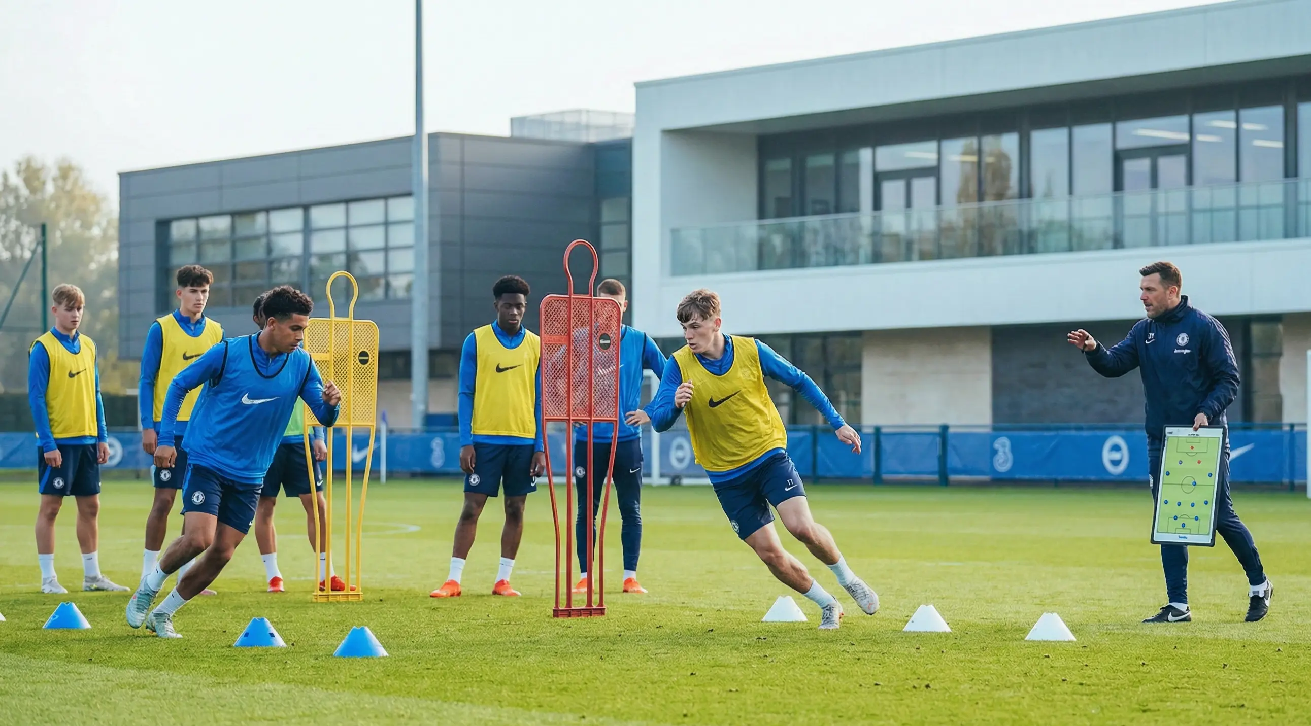 Football academy players in a tactical training session with coaches on a Premier League training ground