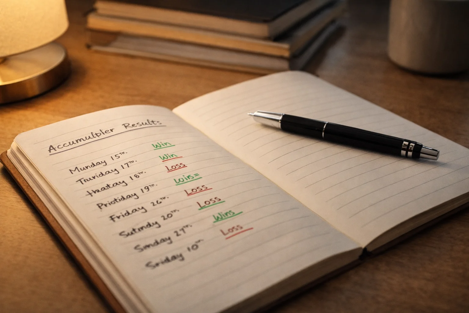 Notepad showing accumulator betting results being tracked over time