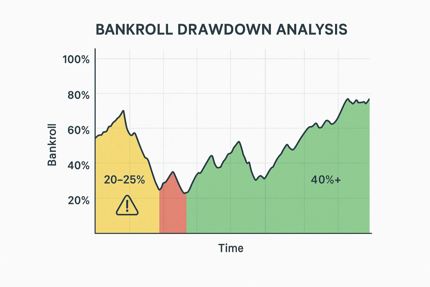 Bankroll drawdown analysis chart showing risk zones and recovery periods