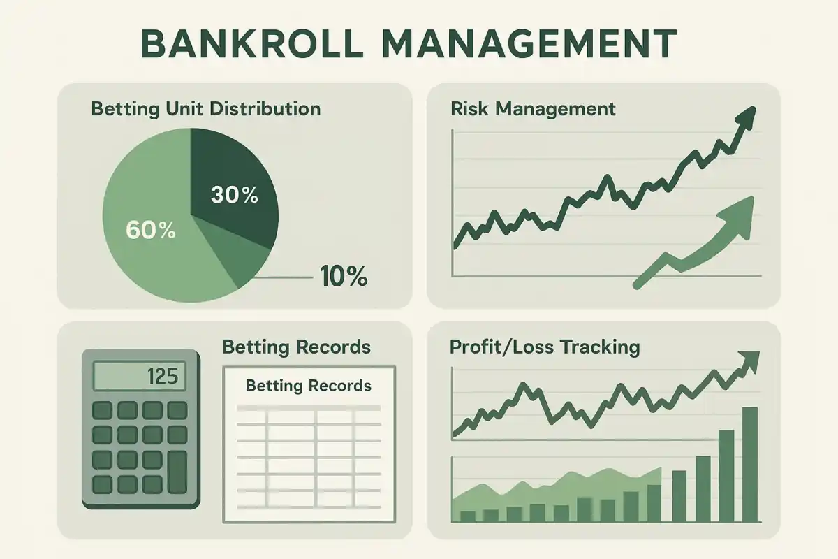 Bankroll management visualization with charts showing betting unit distribution and risk control