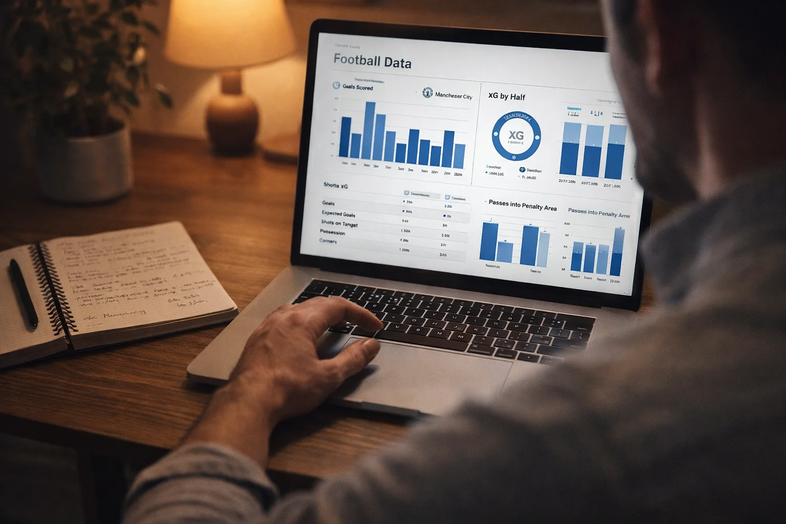 Person analyzing football betting data on a laptop with statistics visible