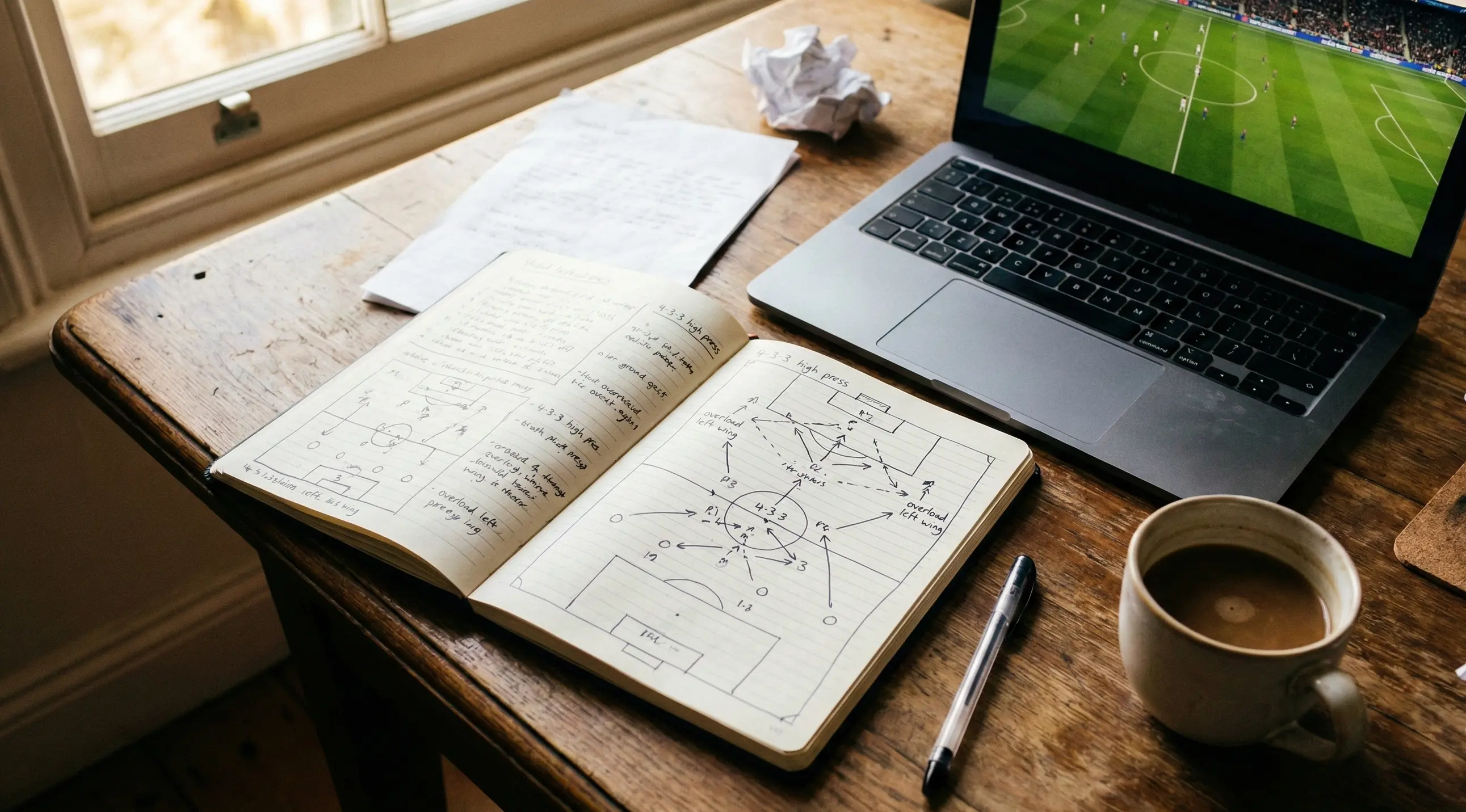Open notebook with handwritten football formation diagrams and player notes next to a laptop