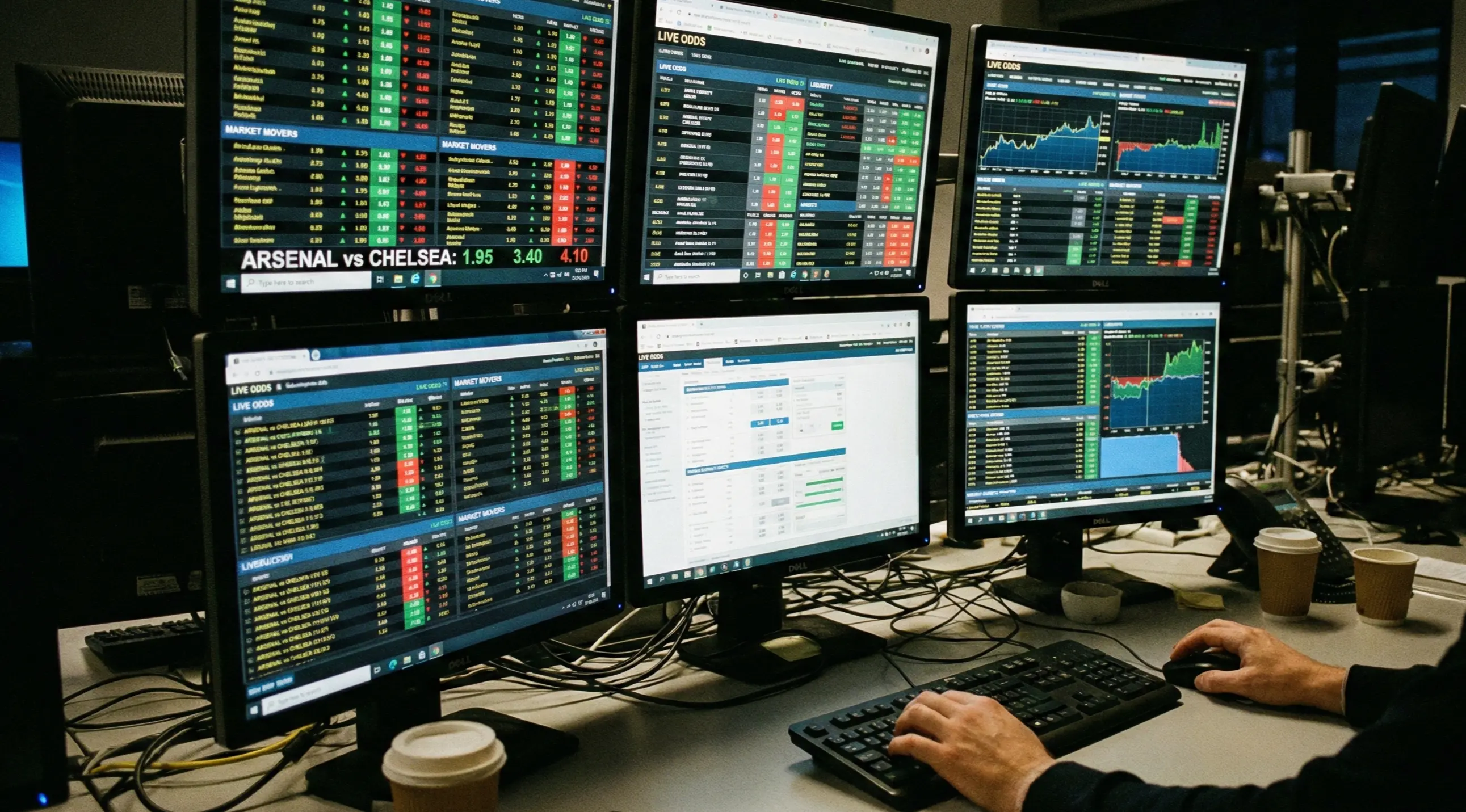 Multiple screens showing live football betting odds and market movements