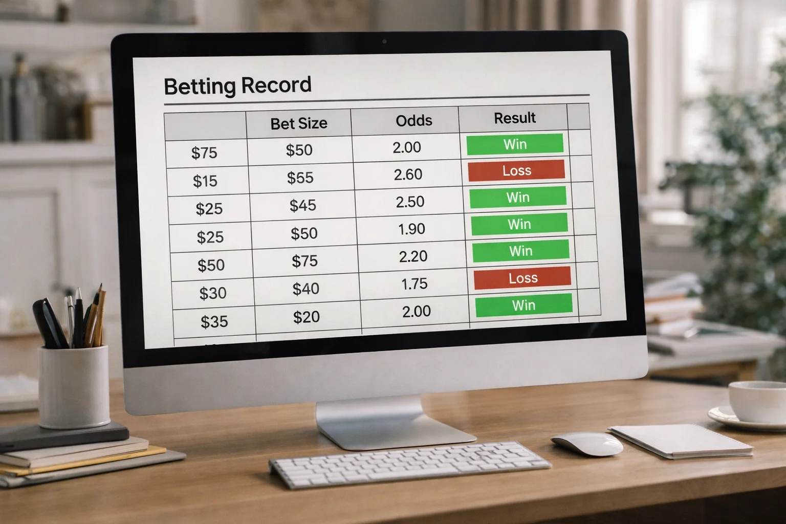 Spreadsheet showing detailed betting records with stakes, odds, and results