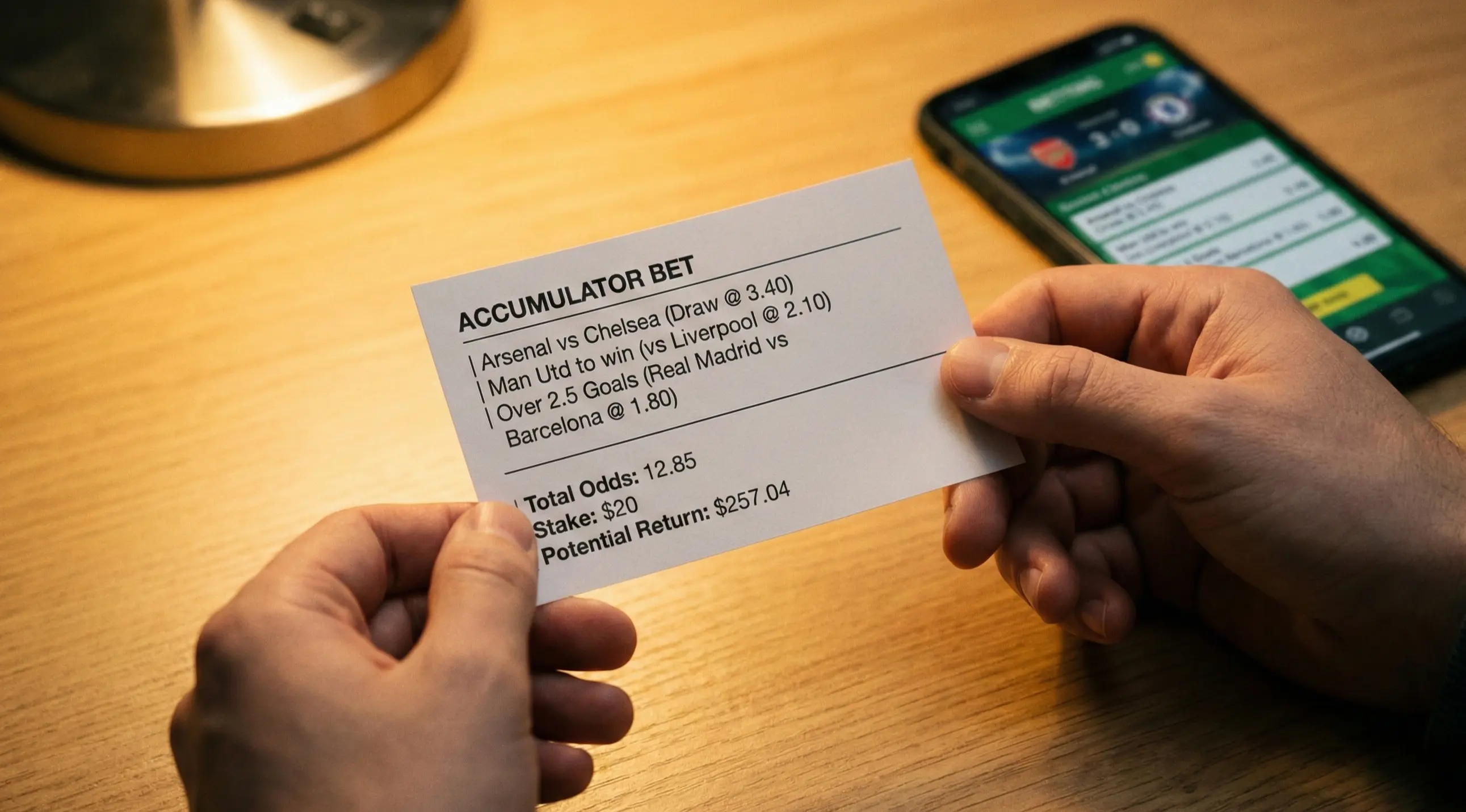 Close-up of a betting slip showing multiple combined football bets