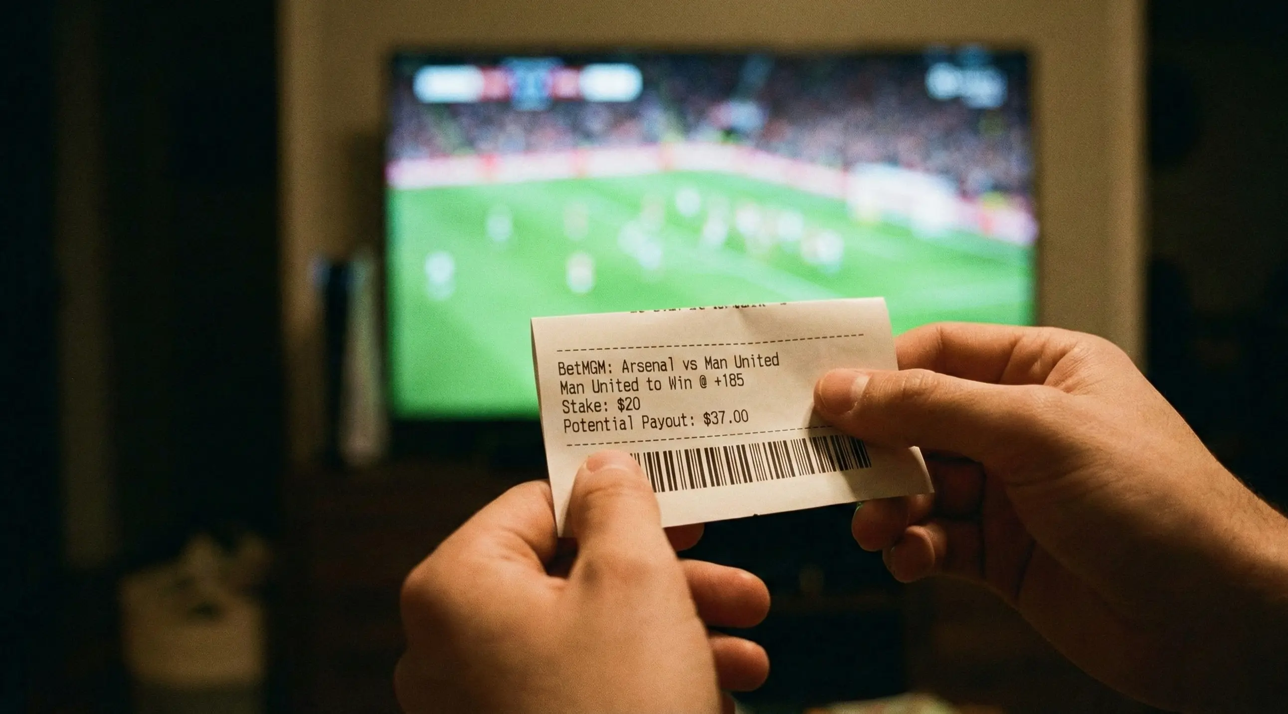 Close-up of hands holding a betting slip with a football match visible on TV in the background
