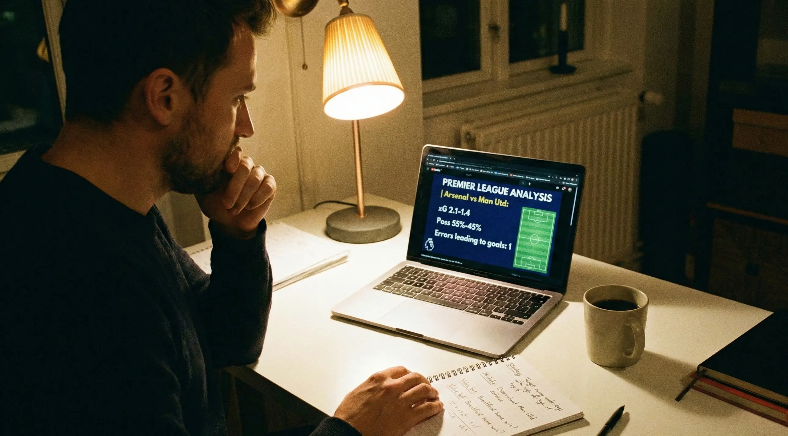 Person reviewing football statistics on laptop with notepad for betting strategy planning