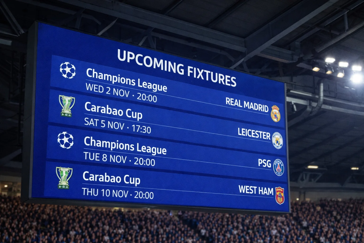 Stadium scoreboard showing Champions League match timing alongside domestic fixtures