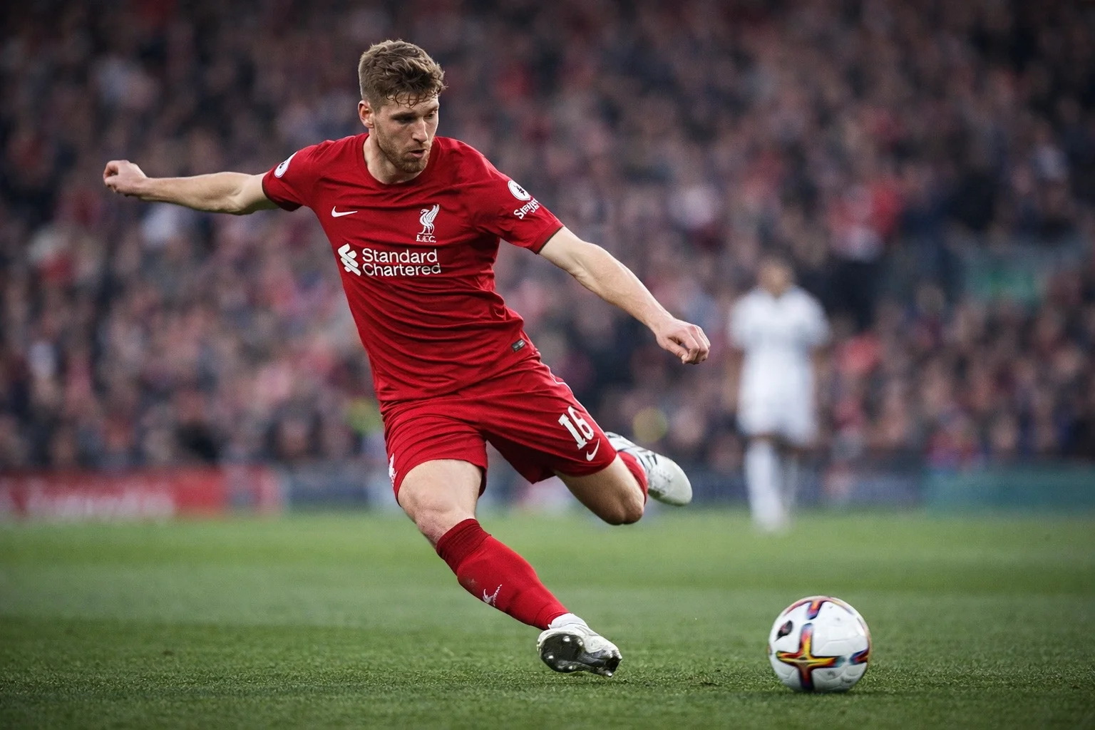 Creative midfielder making a key pass during a football match