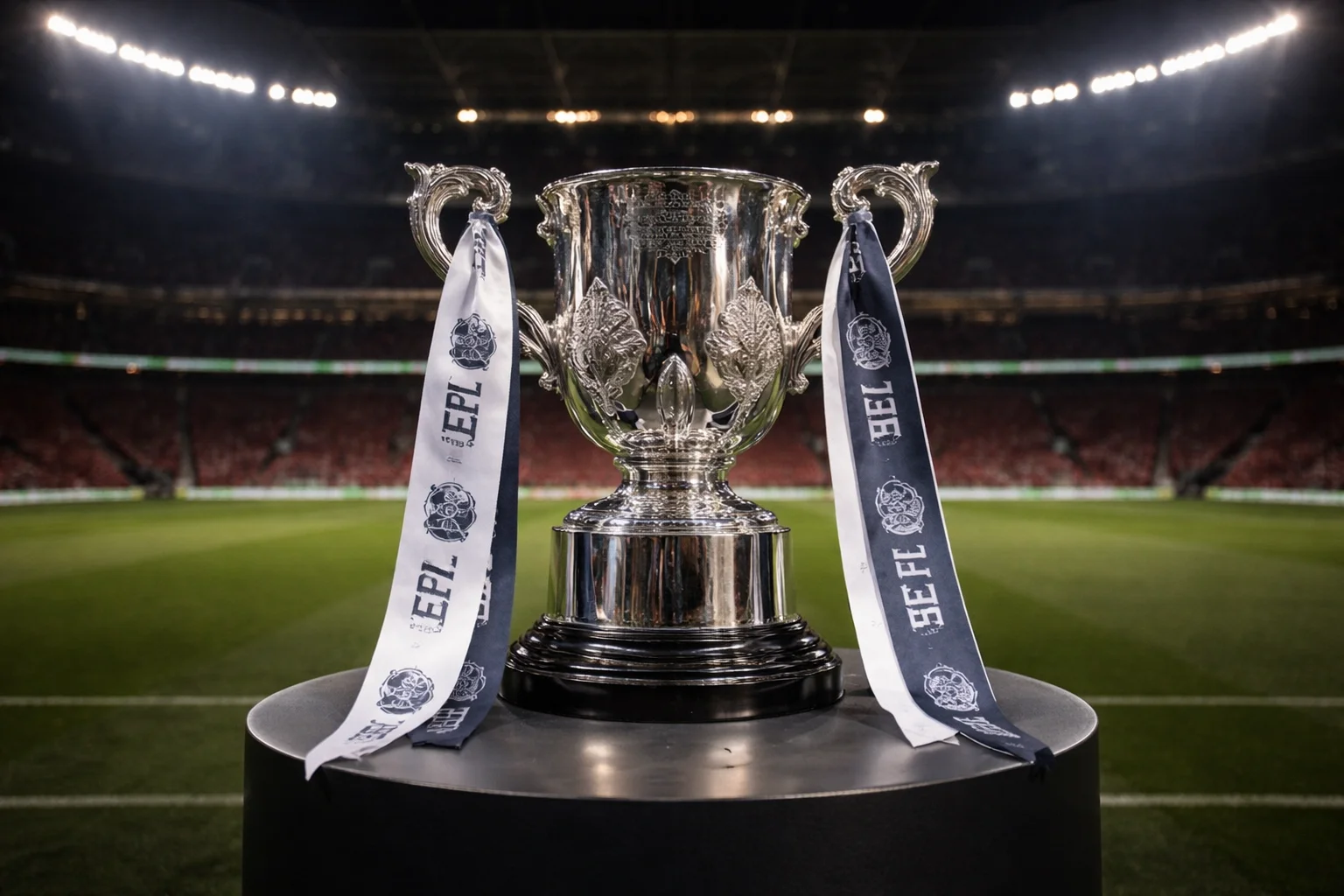 The Carabao Cup trophy on display at Wembley Stadium before the final