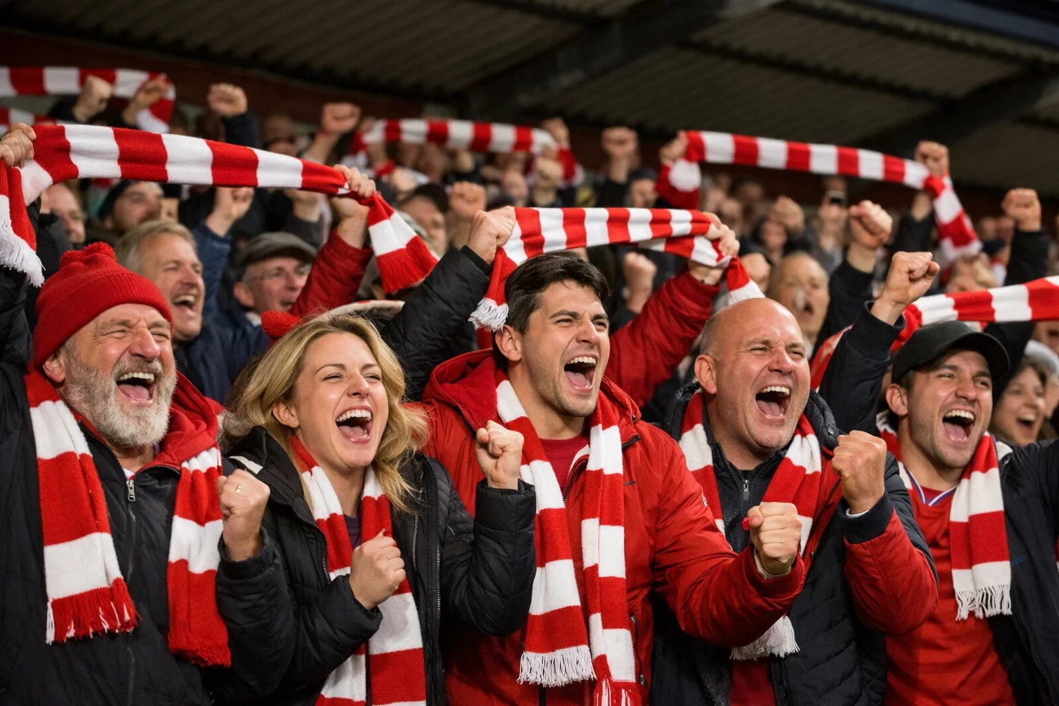 Passionate lower league football fans celebrating during a cup match