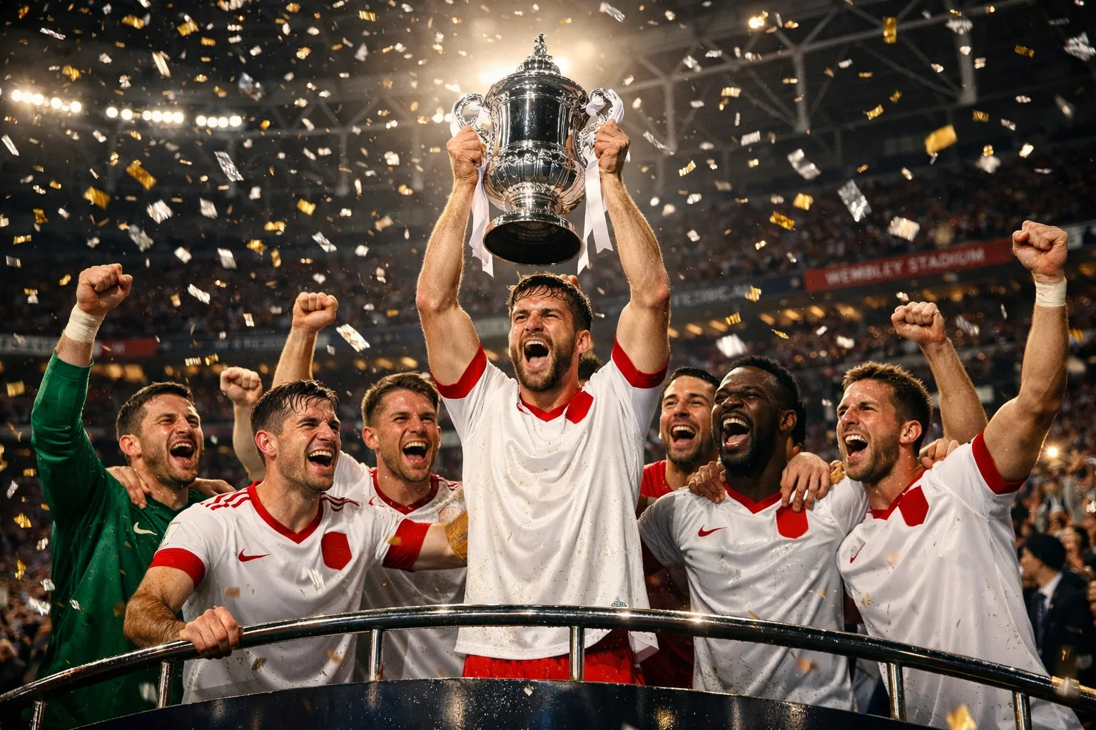 Trophy presentation moment showing cup winners lifting the trophy