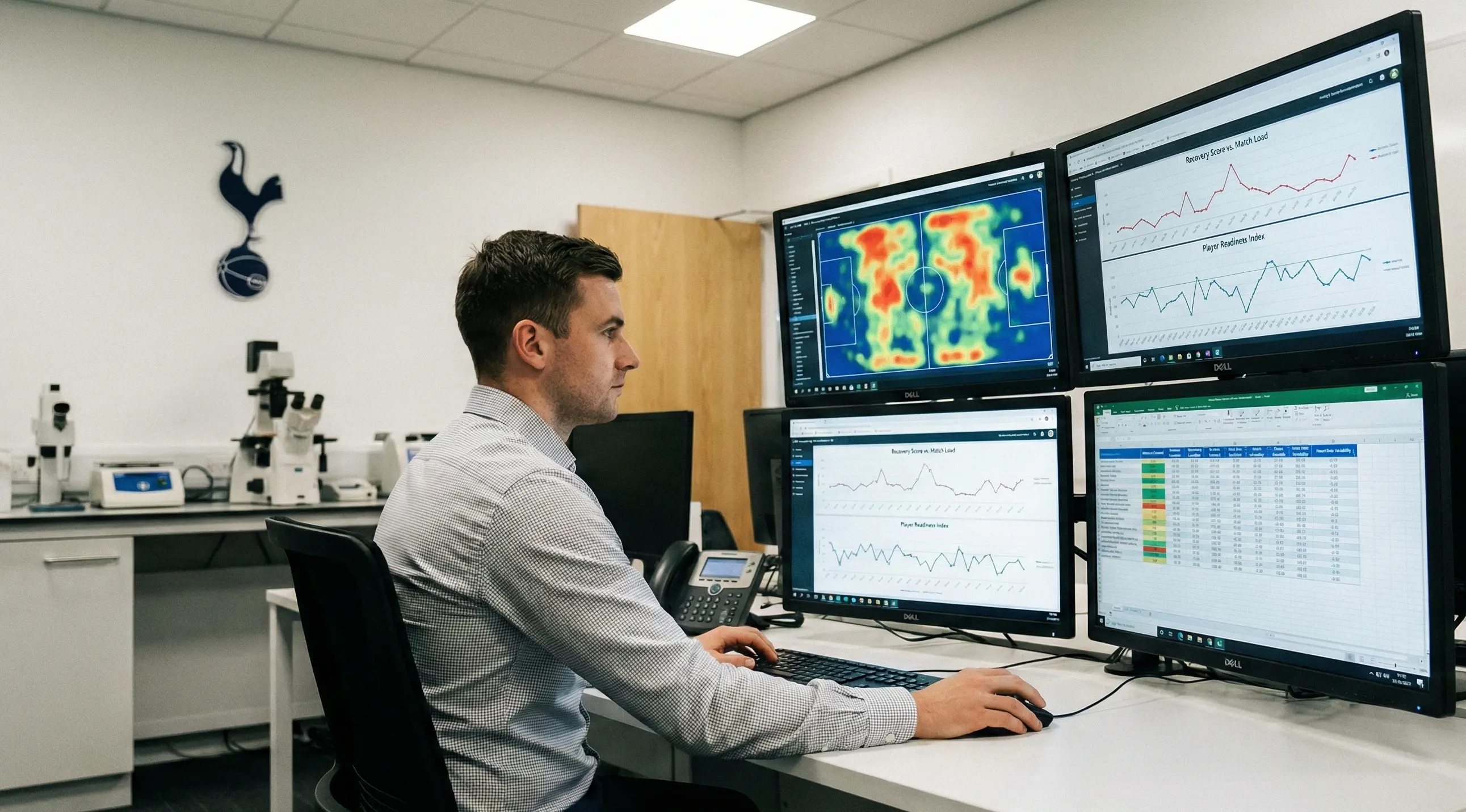 Analyst reviewing football performance data on computer screens with statistics and graphs