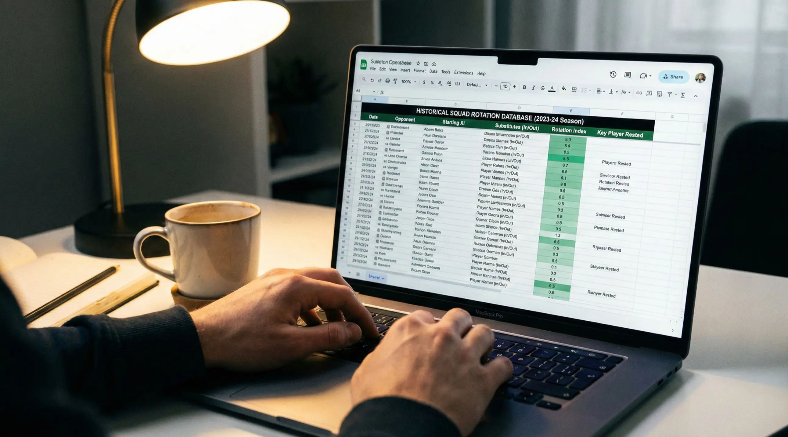 Laptop screen showing a detailed spreadsheet with football squad rotation data and statistics