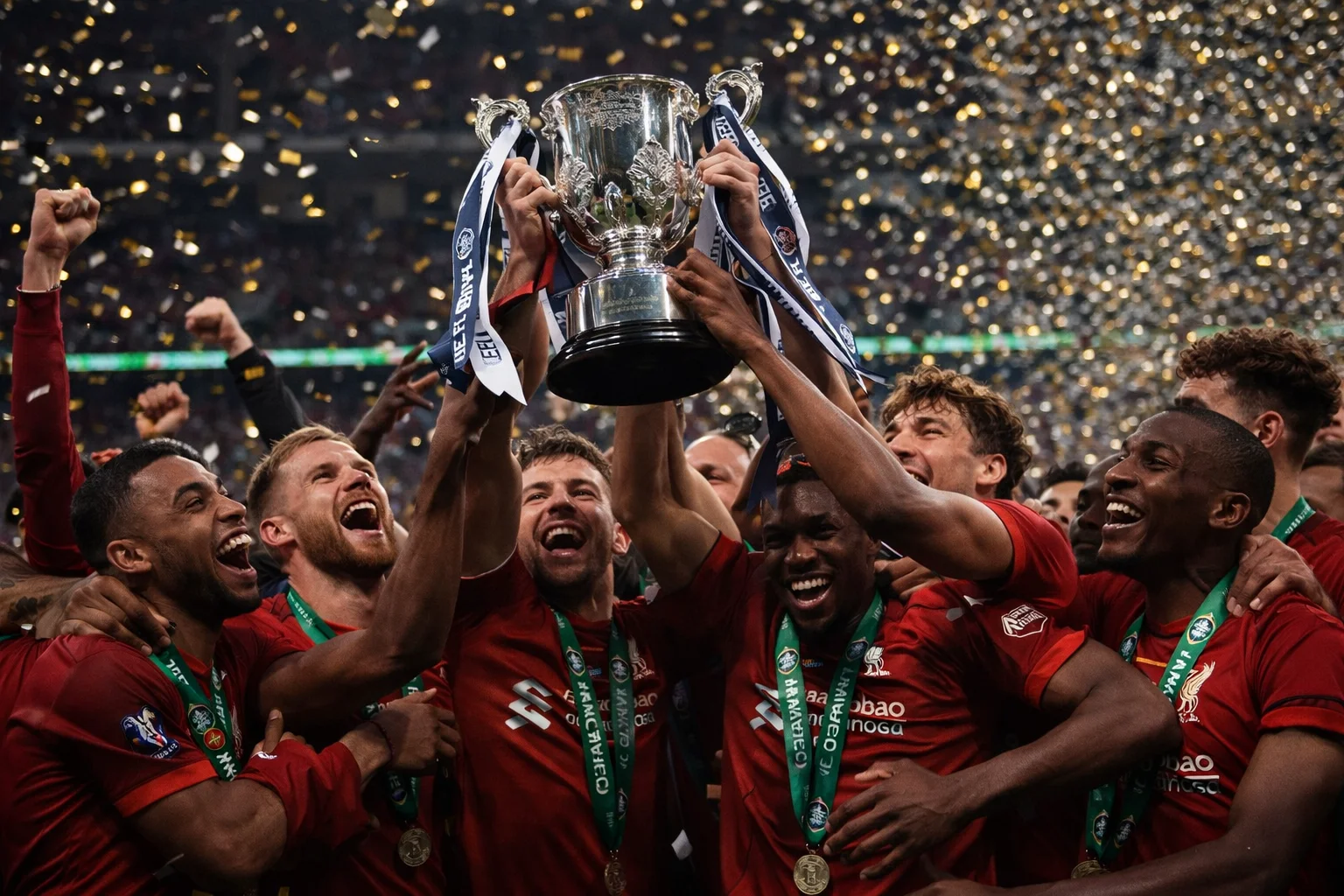 Football team lifting the Carabao Cup trophy at Wembley in celebration