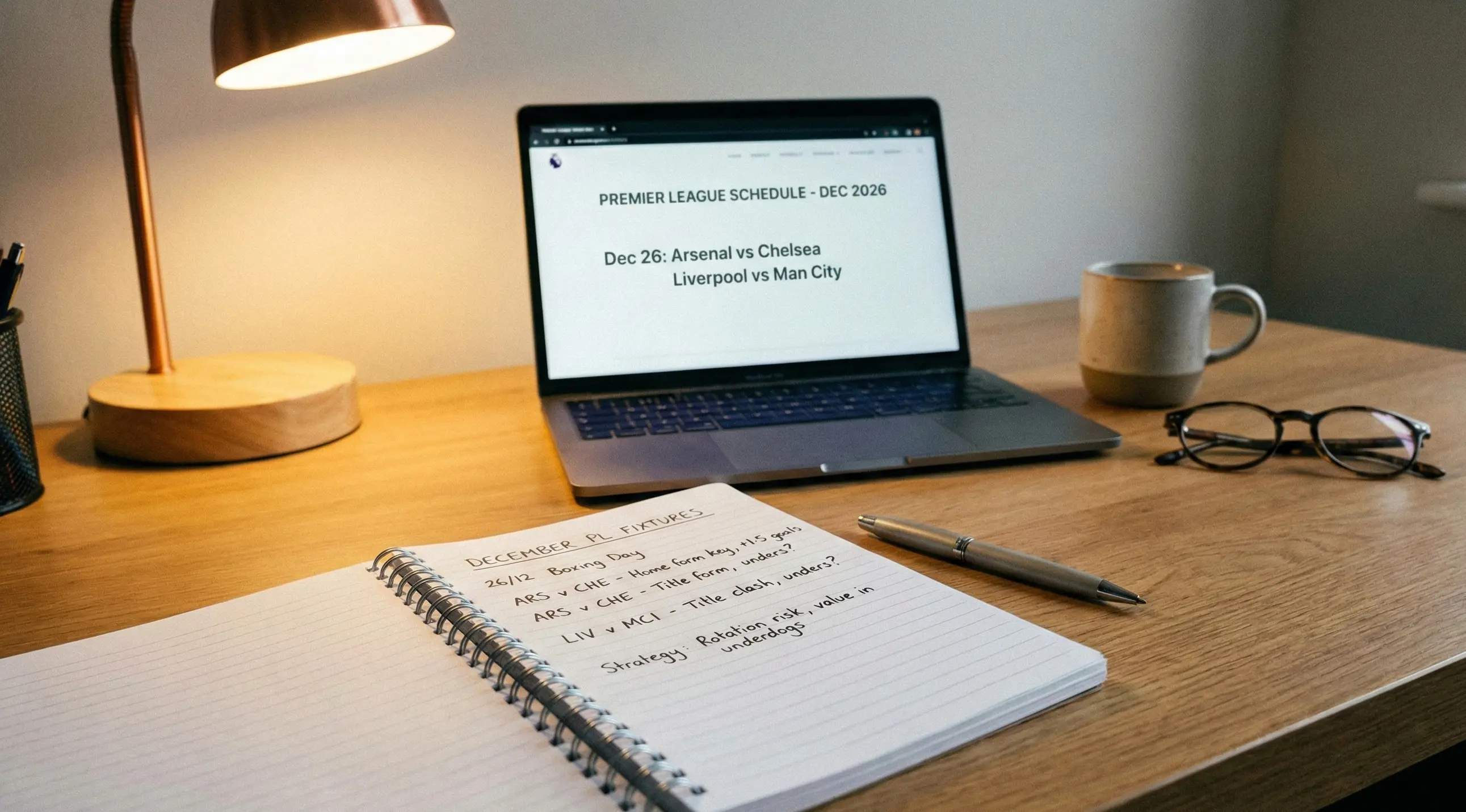 Open notepad with handwritten football fixture analysis and planning notes next to a laptop