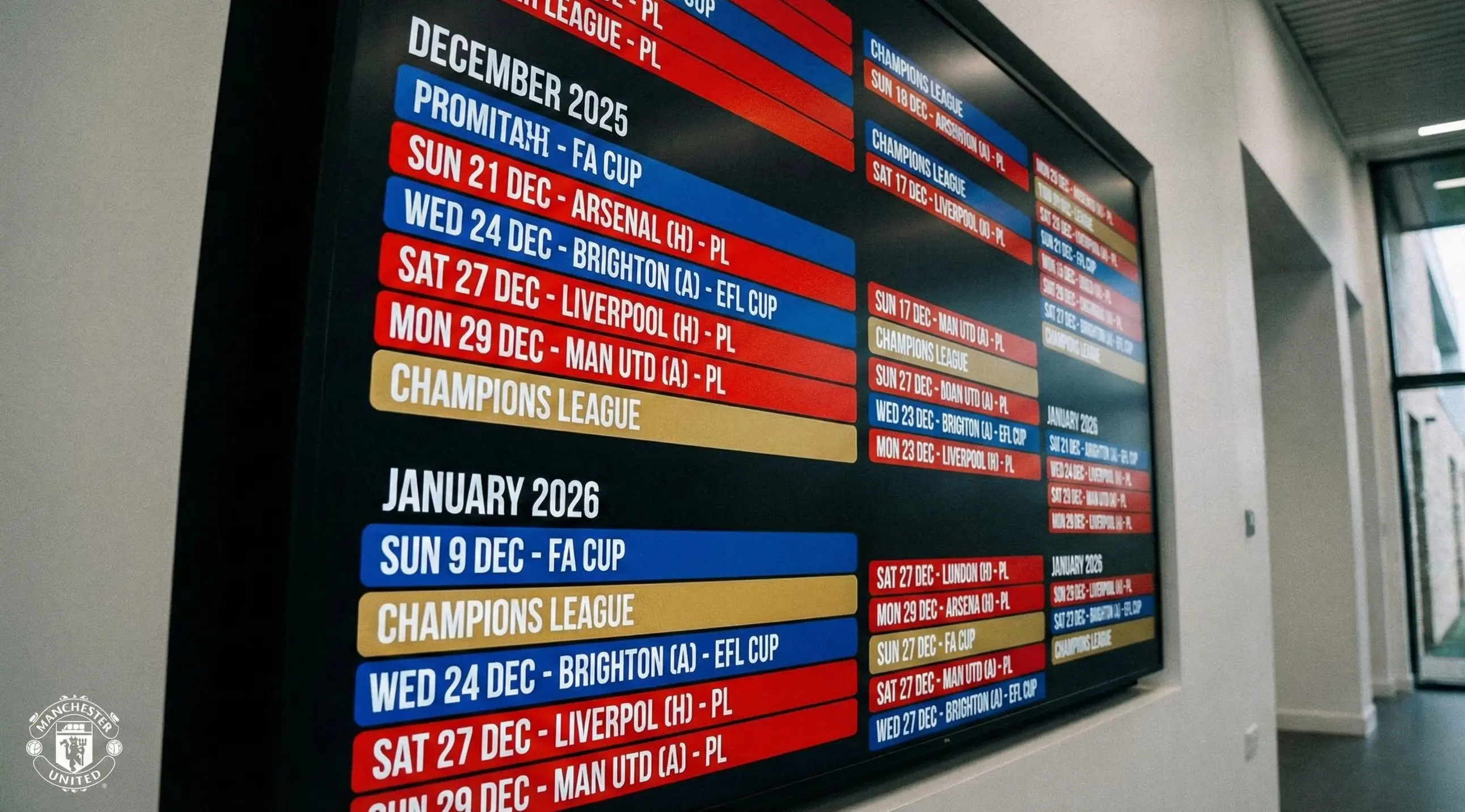Football club fixture board showing a packed schedule of matches across multiple competitions