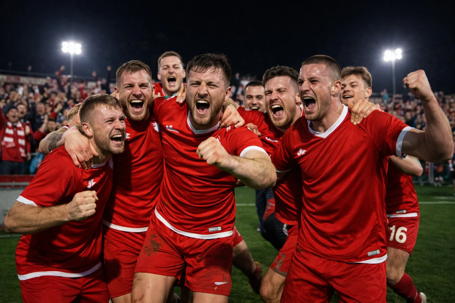 Lower league players celebrating a cup upset against Premier League opposition