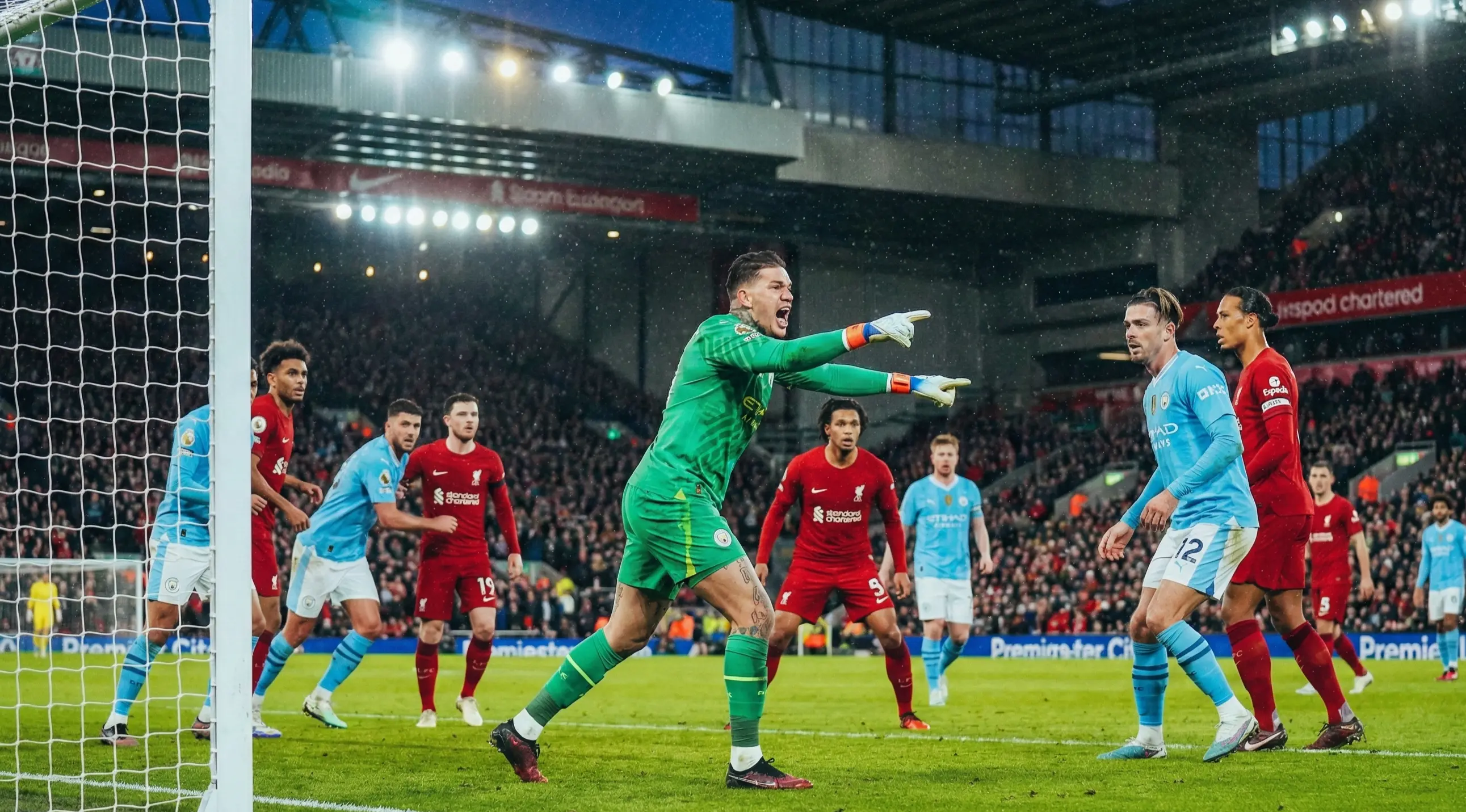 Goalkeeper shouting commands to defenders during a corner kick in a night match