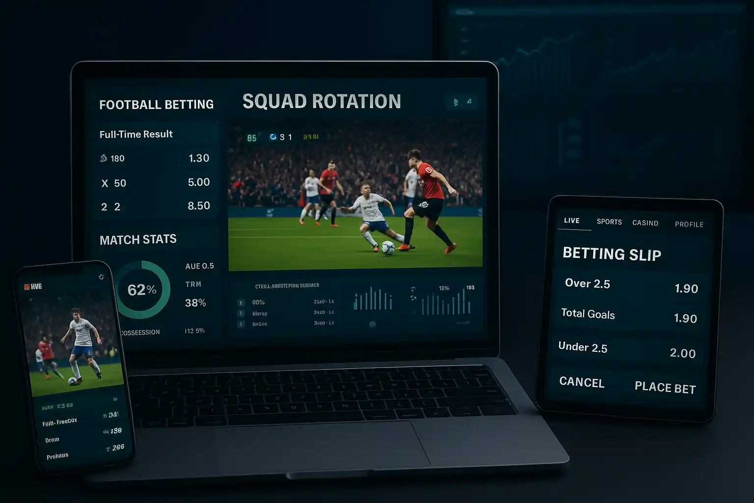 Multiple screens showing live betting interface for Carabao Cup matches with real-time odds