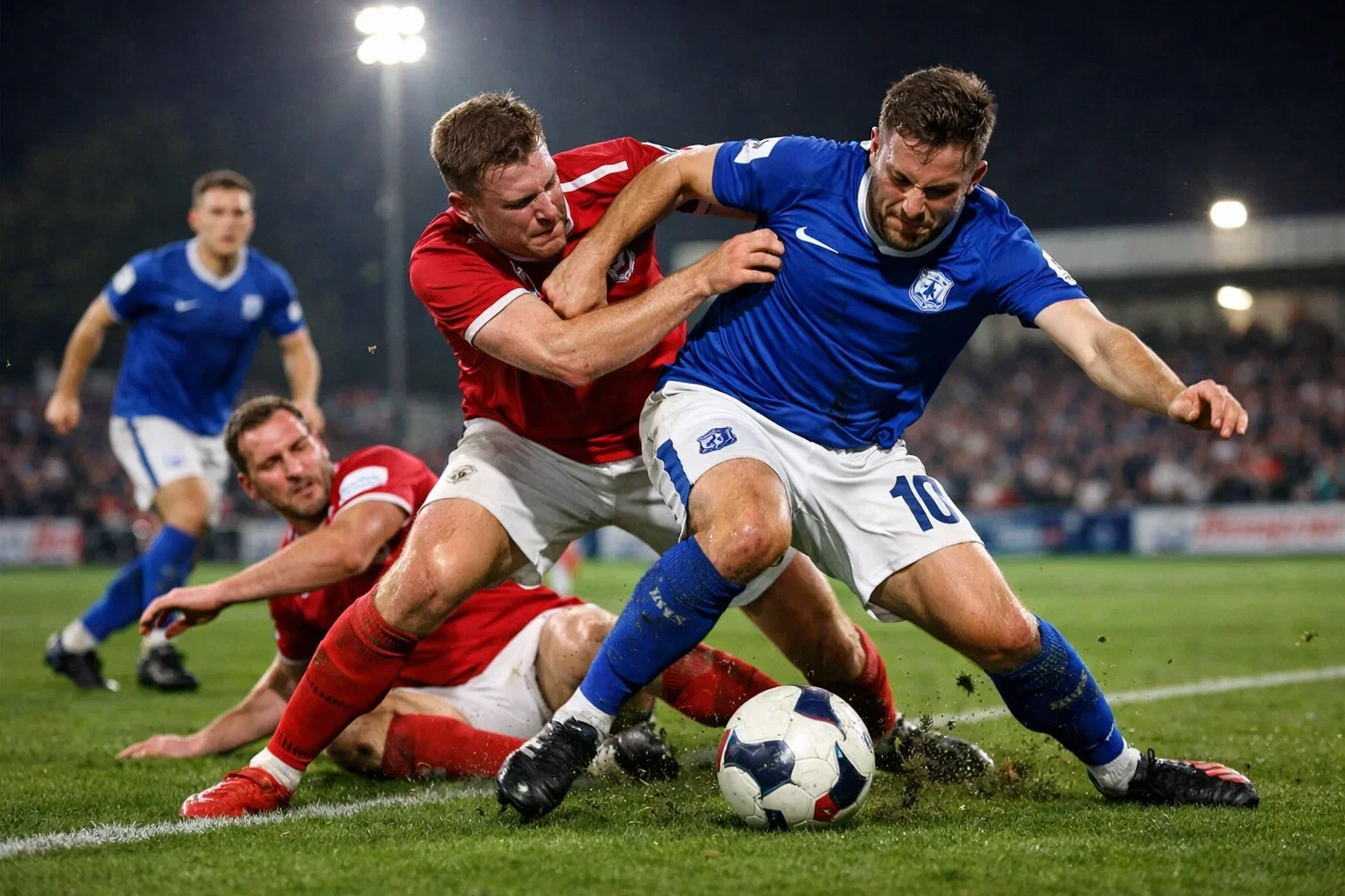 Competitive football action during a lower league cup match