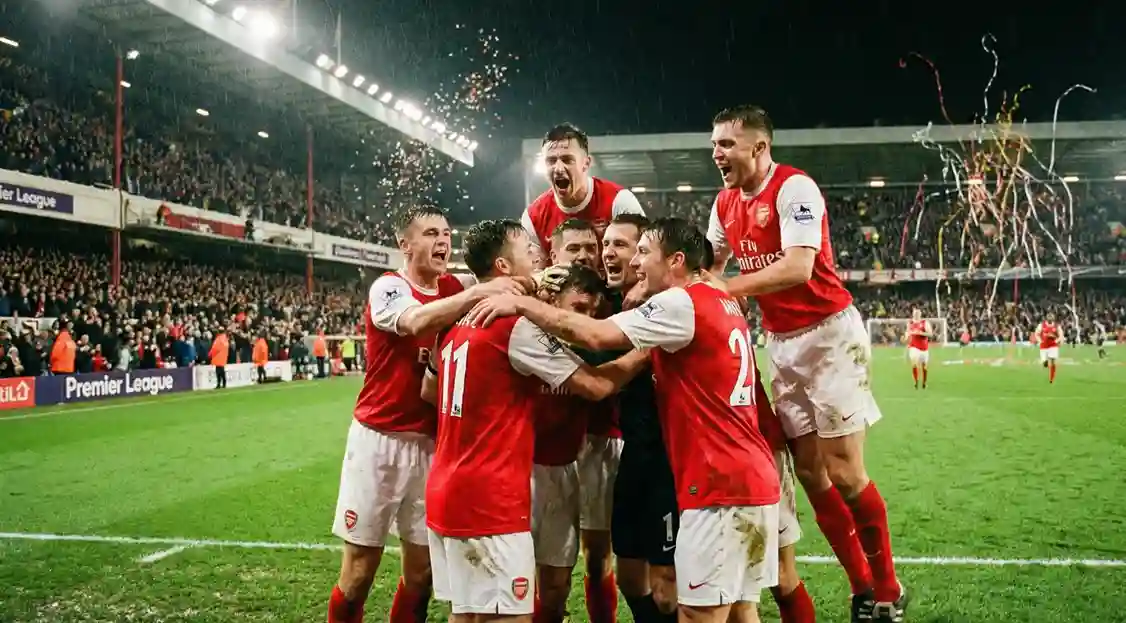 Football players from a lower league team celebrating a goal against Premier League opposition