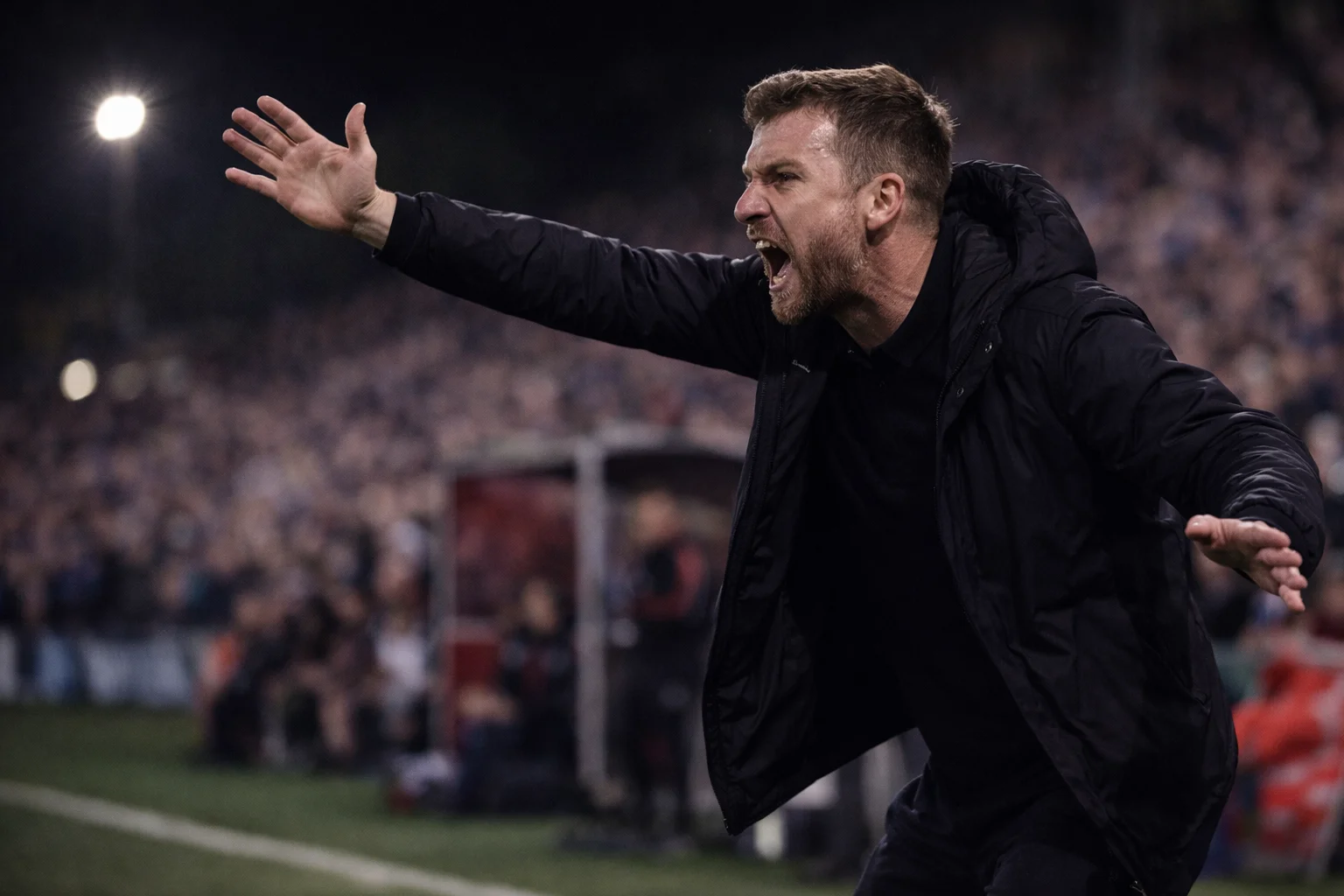 Football manager showing intense emotions on the touchline during a cup match