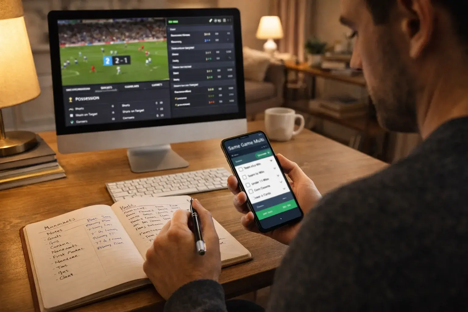 Person analyzing a football match while building a same game multi bet