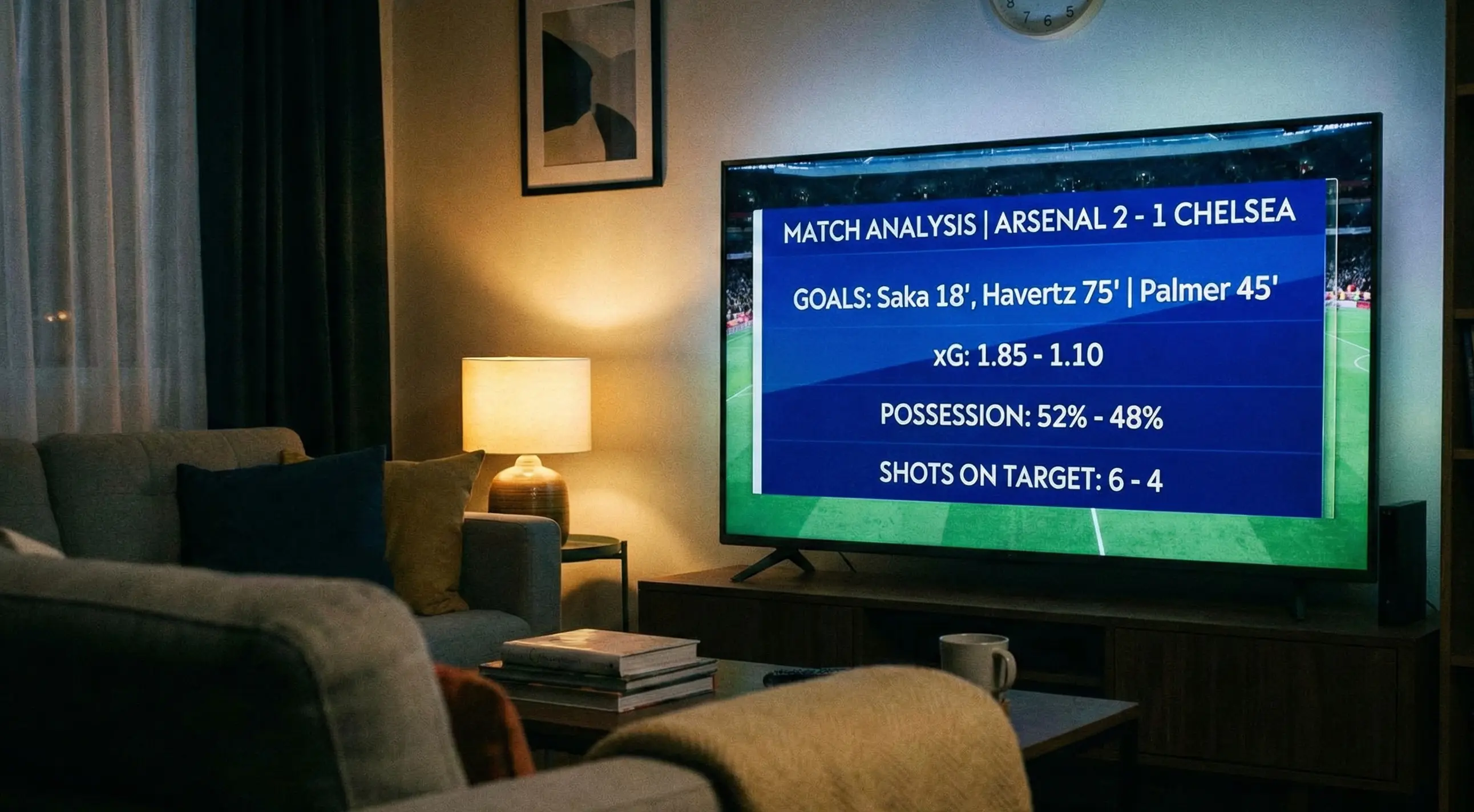 Television screen showing football match statistics and analysis graphics