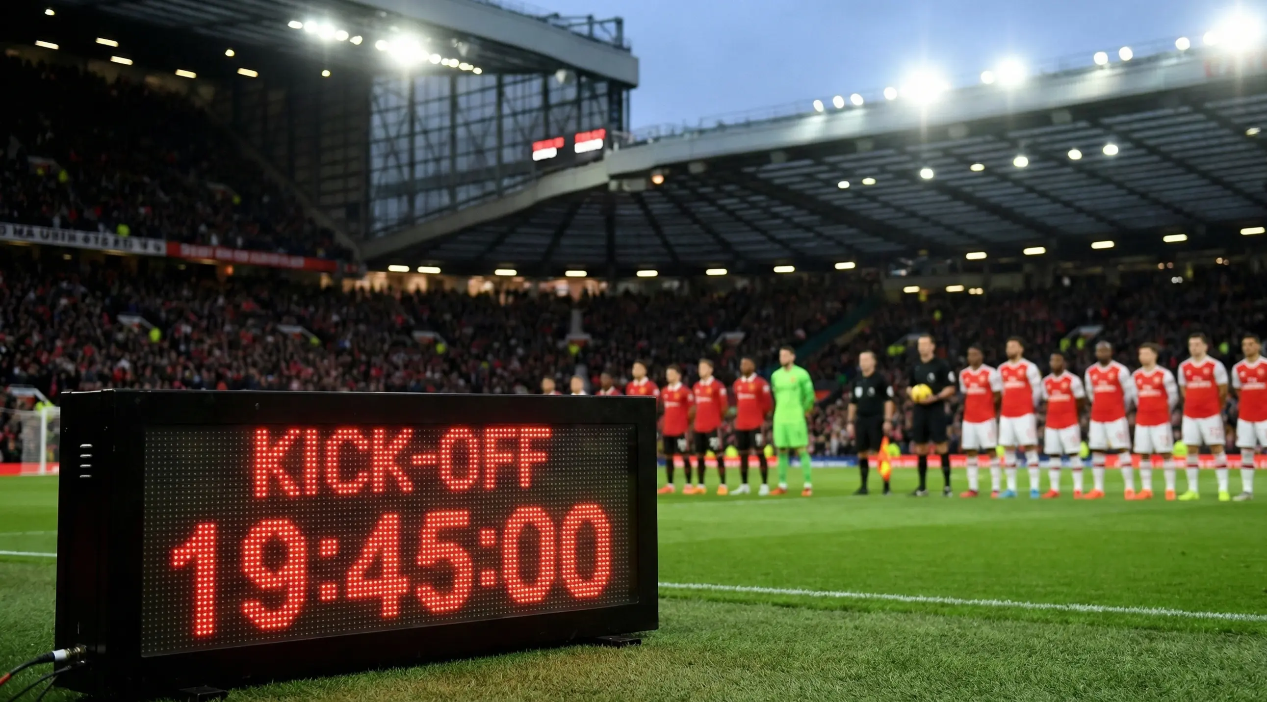 Stadium clock showing kickoff time with pitch and players visible in background
