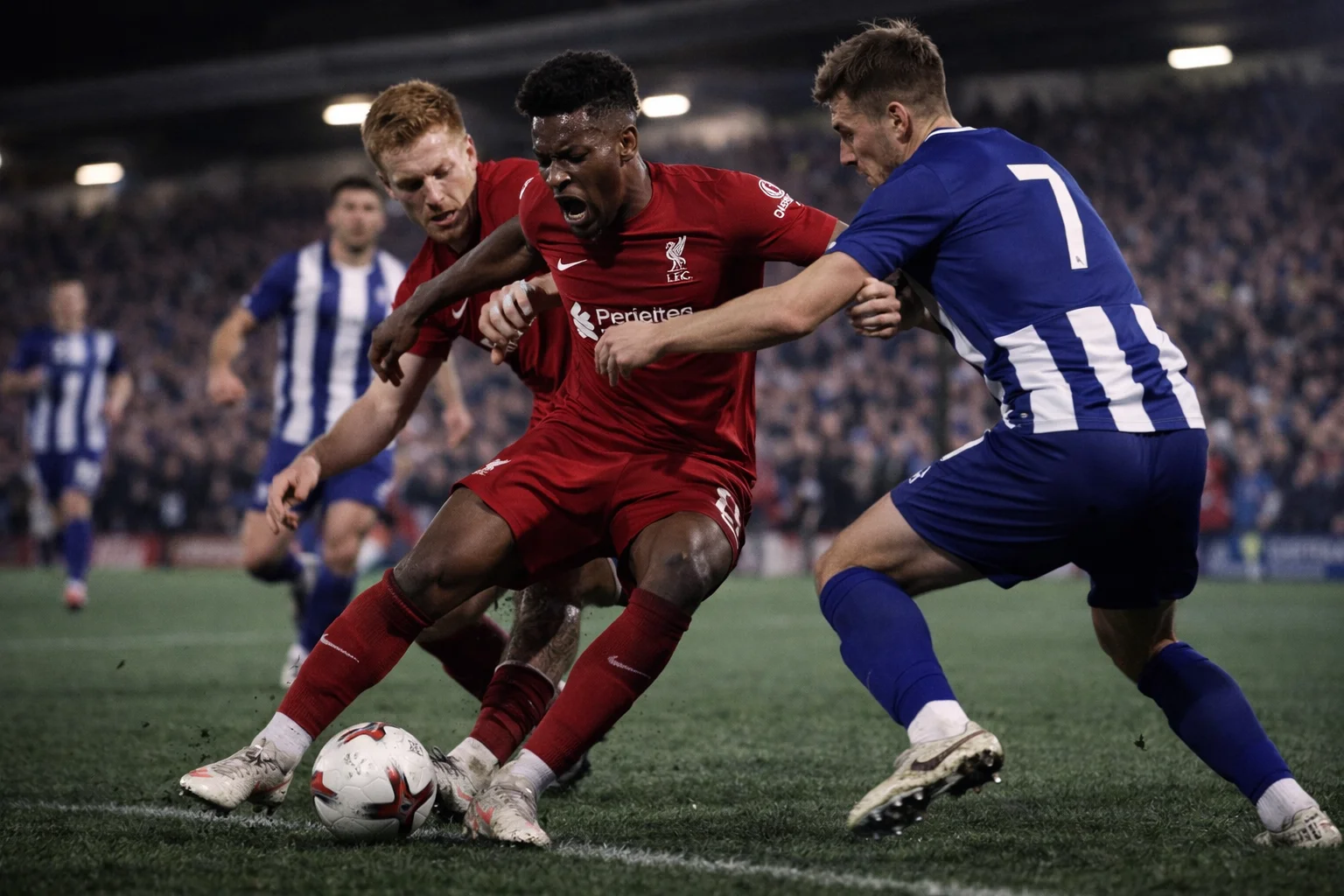 Football match action showing competitive intensity between two teams
