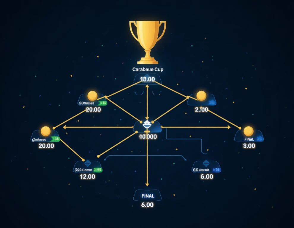 Carabao Cup tournament bracket showing outright betting odds progression from early rounds to final
