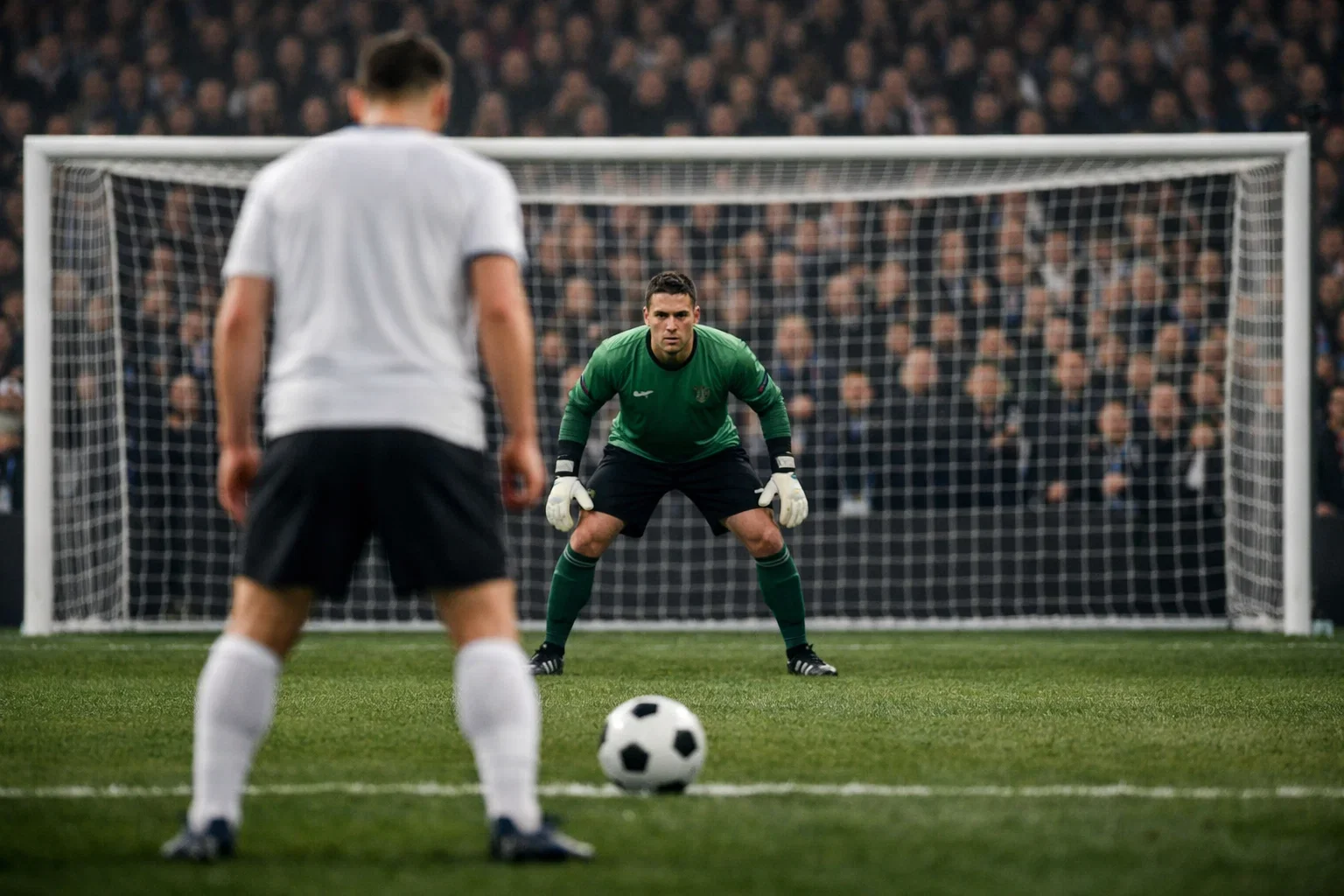 Goalkeeper preparing for a penalty kick during a shootout scenario