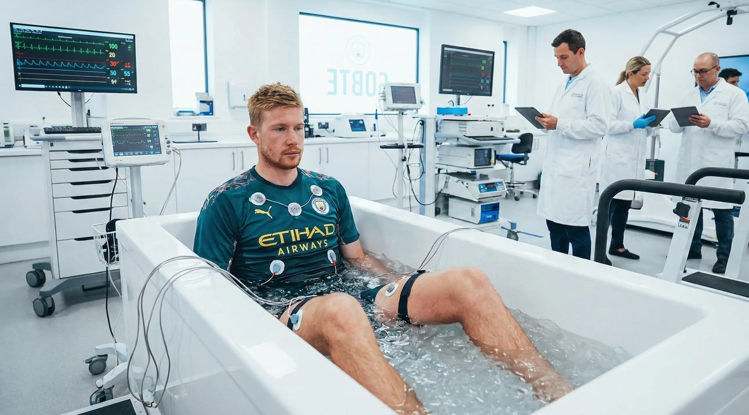 Football player undergoing recovery treatment with ice bath and monitoring equipment
