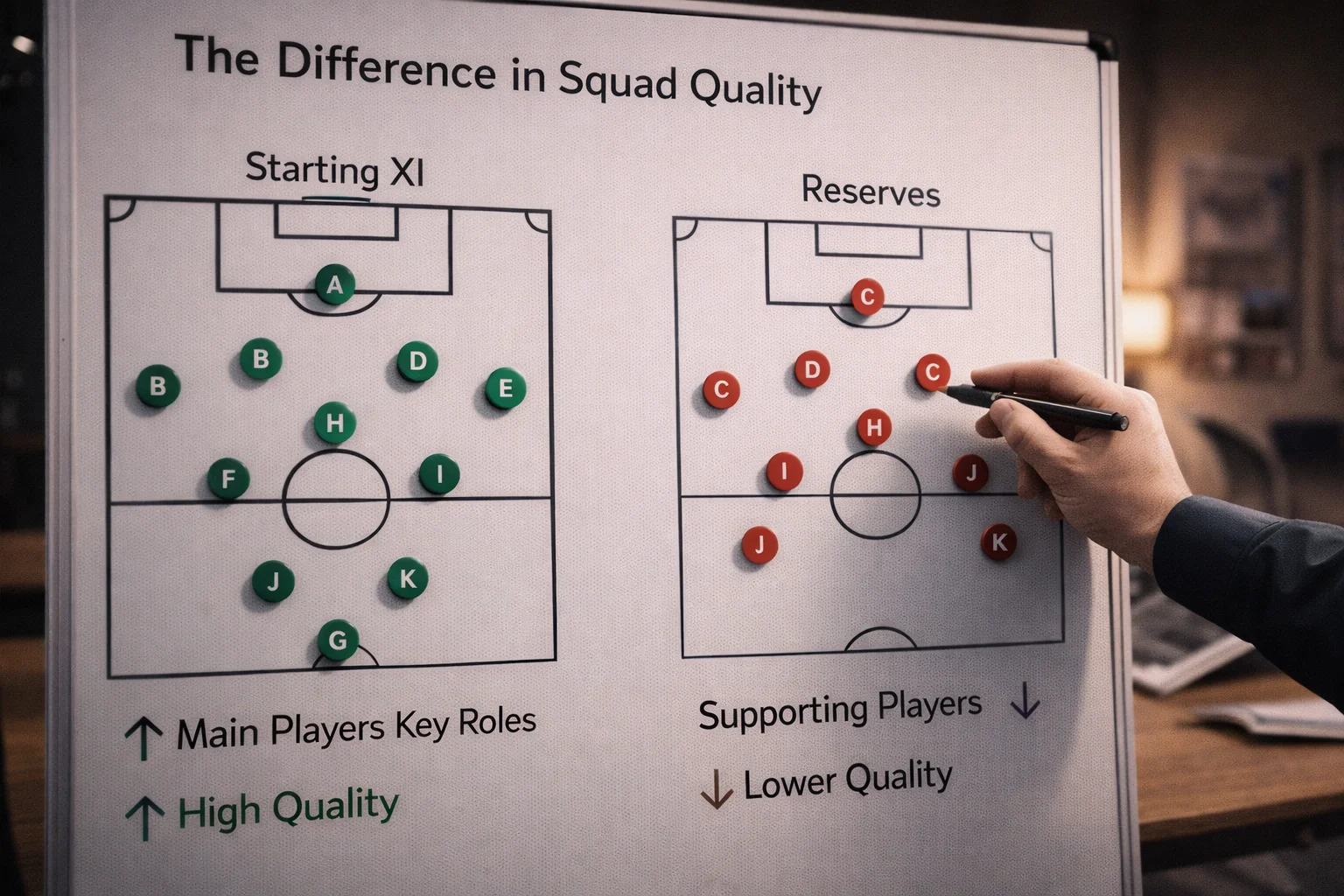 Football squad depth chart showing first team and reserve player quality differences