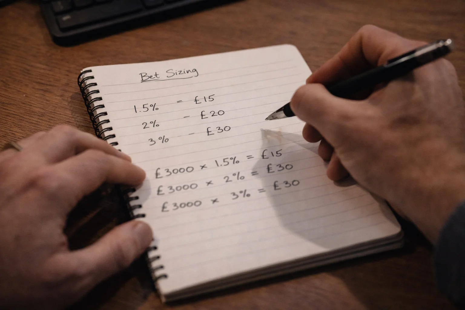Person calculating bet sizes with notepad and pen showing careful bankroll planning