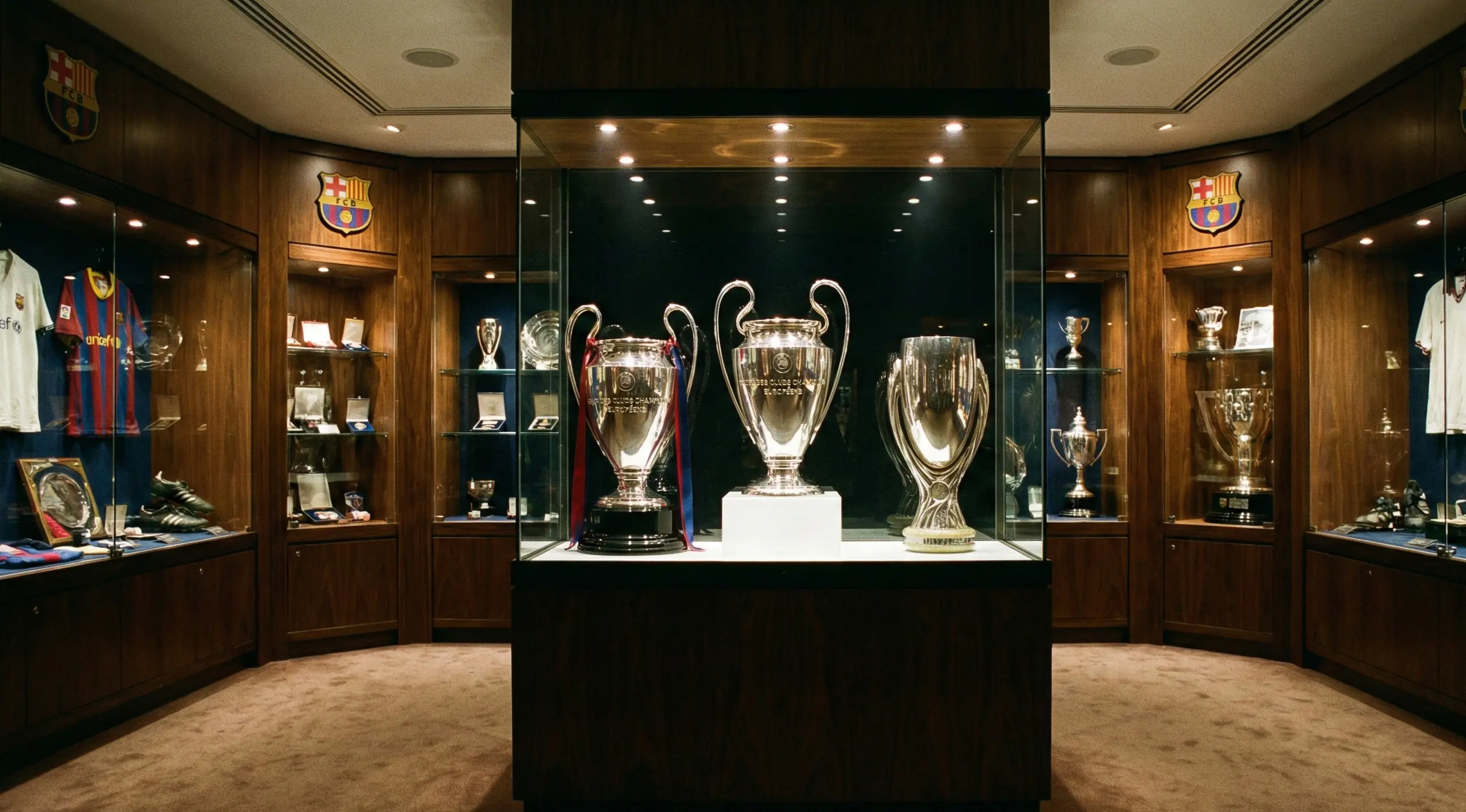 Football club trophy cabinet with Champions League and domestic cup trophies on display