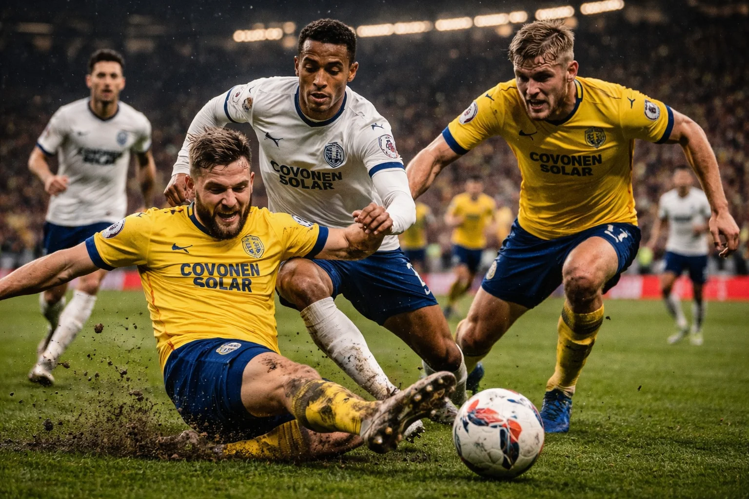 Lower league players showing maximum effort and intensity during a cup match