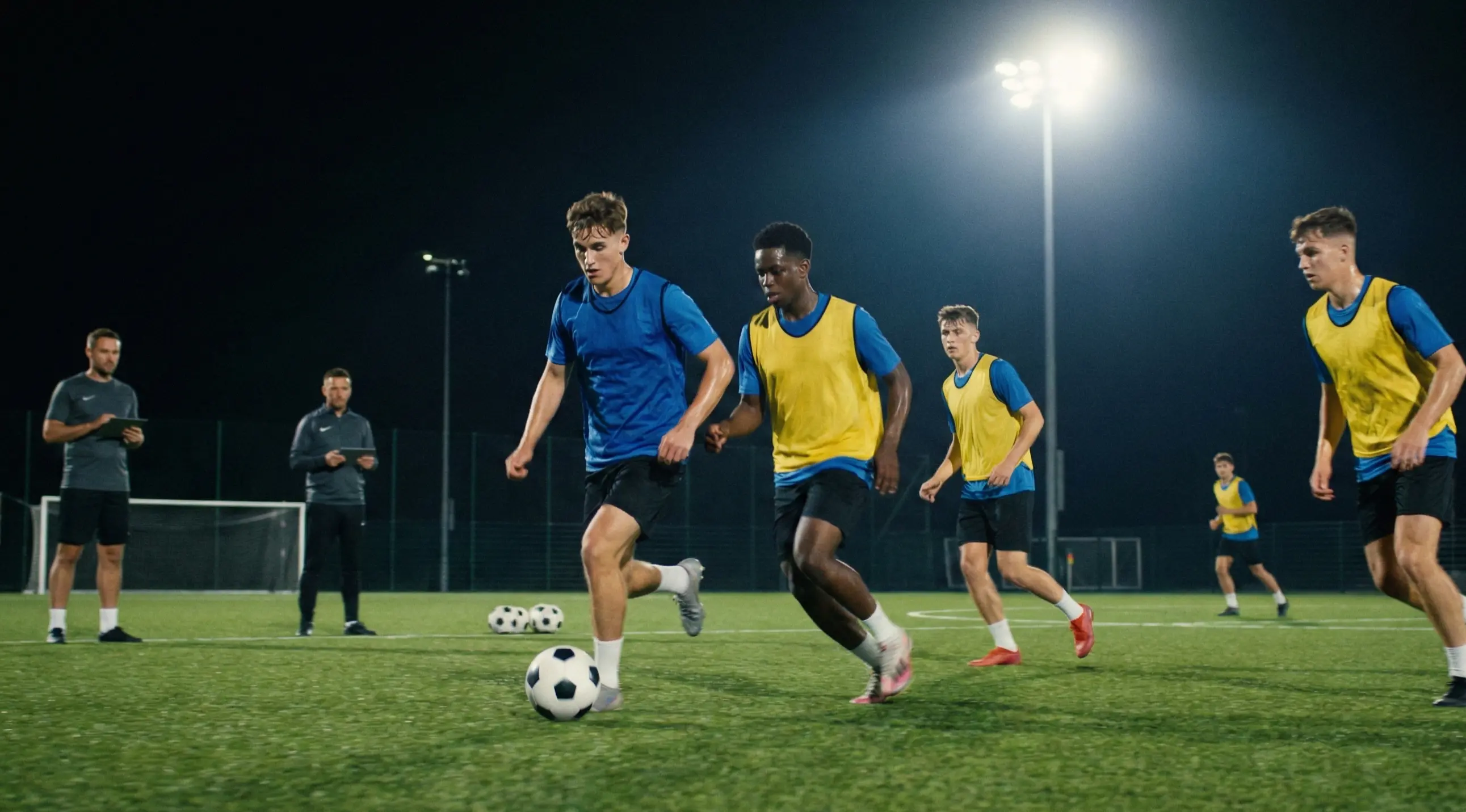 Young football academy players training on a professional pitch under floodlights